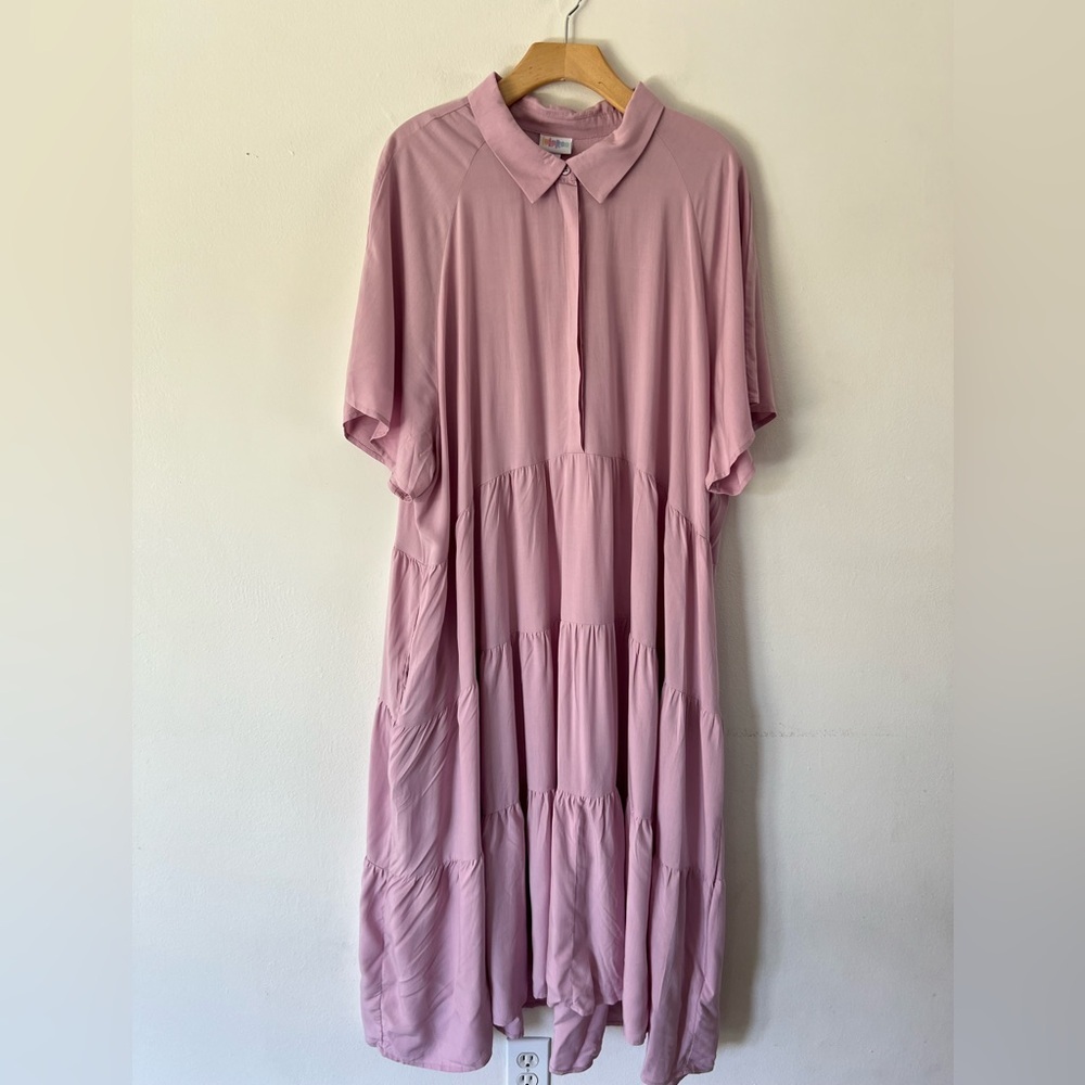 LuLaRoe Helene Lilac Purple Collared Short Sleeve‎ Tiered Skirt Midi Dress 3XL